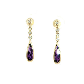 9ct Yellow Gold Pear Amethyst & Diamond Drop Earrings