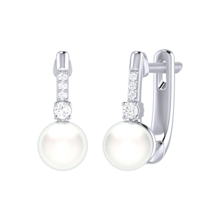 Pearl earrings with diamond accents on a white background