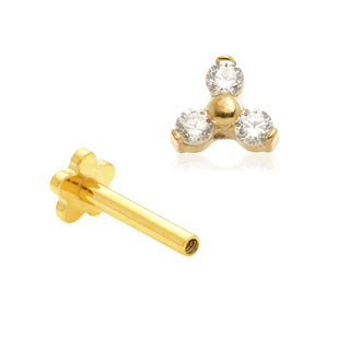 14ct Yellow Gold CZ Trinity Internal Thread Flat Back Stud