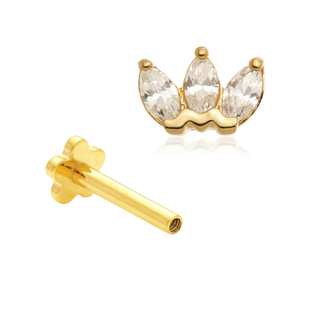 14ct Yellow Gold Marquise Triple Gem Internal Thread Flat Back Stud
