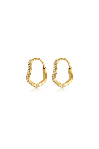 Gold hoop earrings with small CZs on a white background