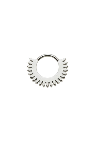 Silver eye-shaped septum ring on a white background