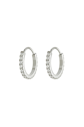 Silver hoop earrings with embedded stones on a white background
