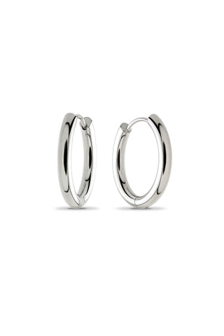 Pair of silver hoop earrings on a white background