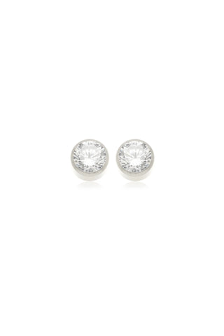 Pair of silver round stud earrings on a white background