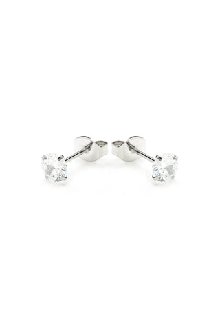 Pair of silver stud earrings with clear gemstones on a white background