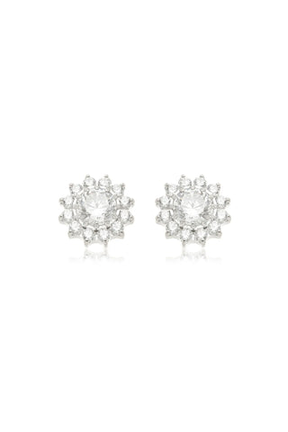 Pair of silver floral earrings on a white background