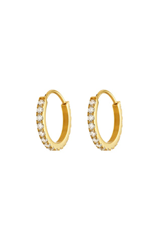 Gold hoop earrings with embedded stones on a white background