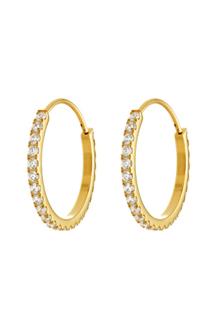 Gold hoop earrings with clear stones on a white background