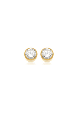 Gold stud earrings with clear gemstones on a white background