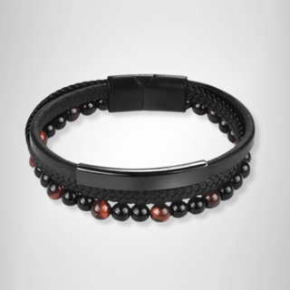 Black 3 Row Leather & Tigers Eye Beaded Bracelet