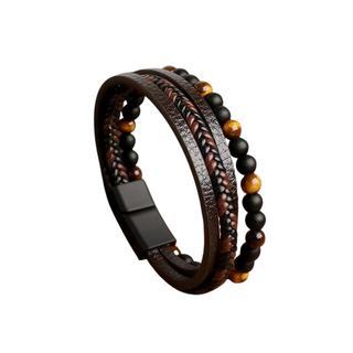 Brown Leather Tiger's Eye & Onyx Bracelet