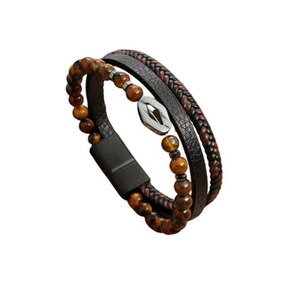 Tigers Eye and Brown Leather Multi-Strand Bracelet