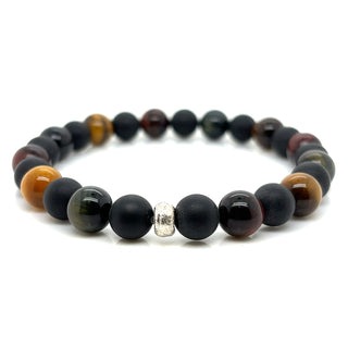Multicolored Tigers Eye beaded bracelet on a white background