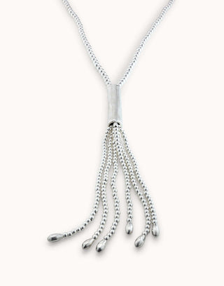 A silver-plated metal bead necklace with a lobster clasp, resembling a whip, displayed against a white background.