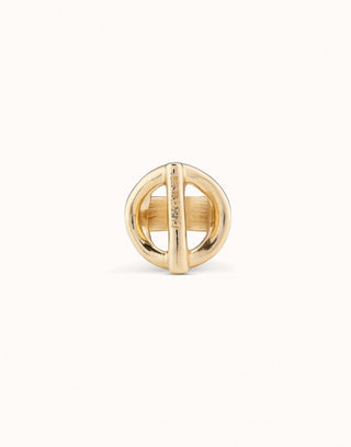 Uno de 50 On/Off gold ring, chunky circle band divided by a bar with hand-engraved logo