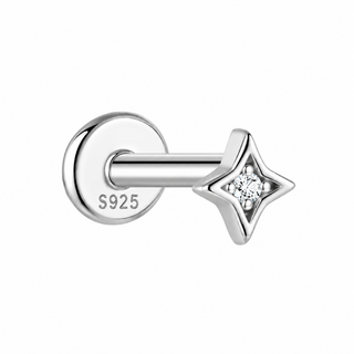 Silver CZ Four-Point Star Labret Cartilage Stud
