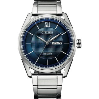 Silver Citizen watch with blue face on a white background