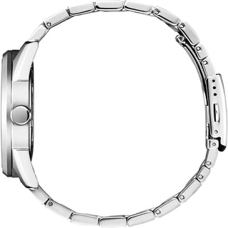 Close-up of a silver watch band on a white background