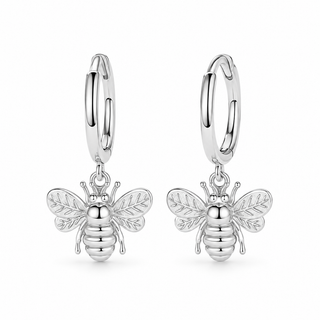 Silver Bee Drop Hoop Earrings