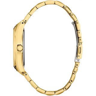 Gold watch with a white background
