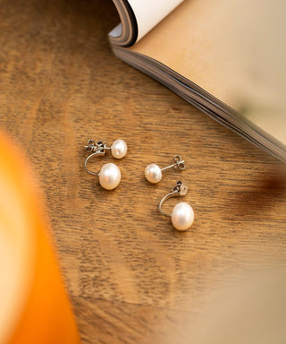 Silver Duo Pink Button Pearl Drop Earrings