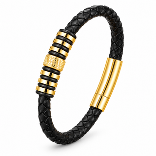 Lattice Bar Gold Plated Black Braided Leather Bracelet