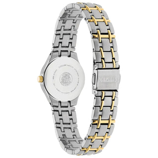 Two-tone watch with silver and gold bracelet on a white background