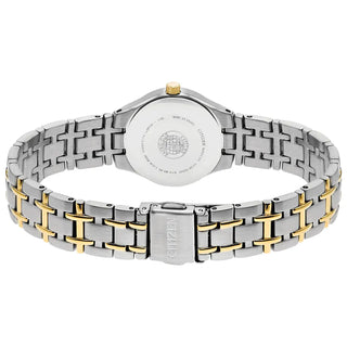 Two-tone watch with silver and gold band on a white background