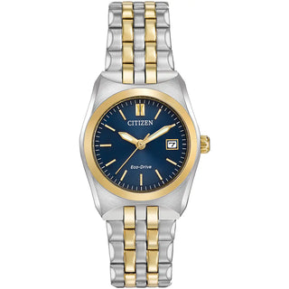 Two-tone watch with blue dial and Citizen logo on a white background