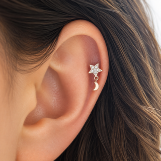 Silver CZ Star & Moon Dangle Cartilage Stud