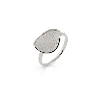 White Gold textured ring with a textured oval design on a white background