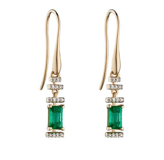 9ct Yellow Gold Emerald & Diamond Art Deco Earrings | Emerald Drop Earrings
