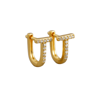 Gold Plated Silver CZ T-Bar Huggie Hoop Earrings