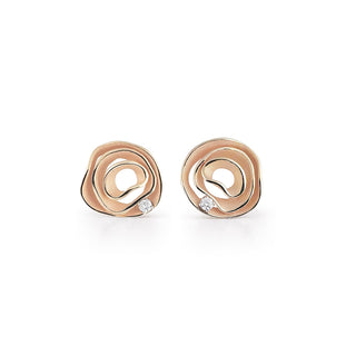Rose gold earrings with diamond accents on a white background