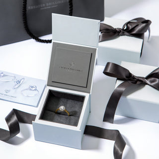 Open jewelry box with a ring inside, surrounded by ribbons on a white surface.