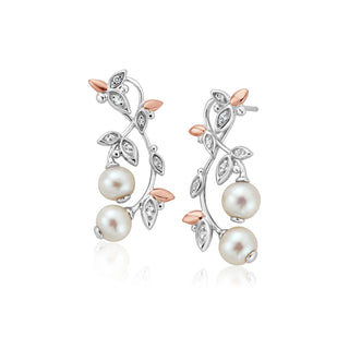 Clogau's lily of the valley drop earrings. They feature a floral vine detail dropping down to two freshwater pearls..