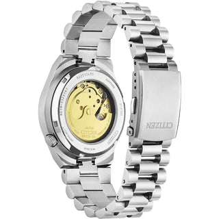 Silver Citizen watch with a visible mechanical movement on a white background