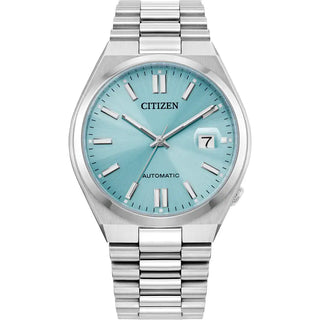 Citizen light blue automatic watch with a stainless steel silver tone band and a dial protected by a sapphire crystal cover.