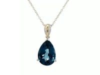 9ct White Gold Pear Blue Topaz & Diamond Pendant