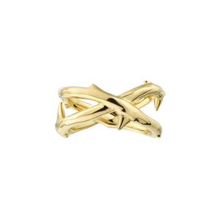 Gold ring with a Rose thorn design on a white background