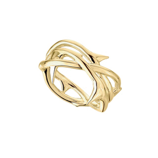 Gold ring with a intricate design on a light gray background